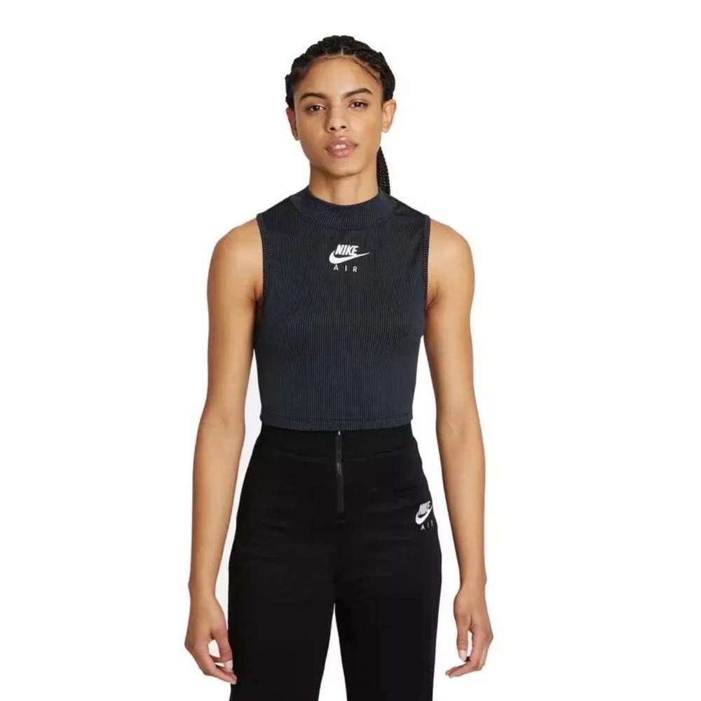 Nike Black Ribbed Crop Tank Top with White Logo